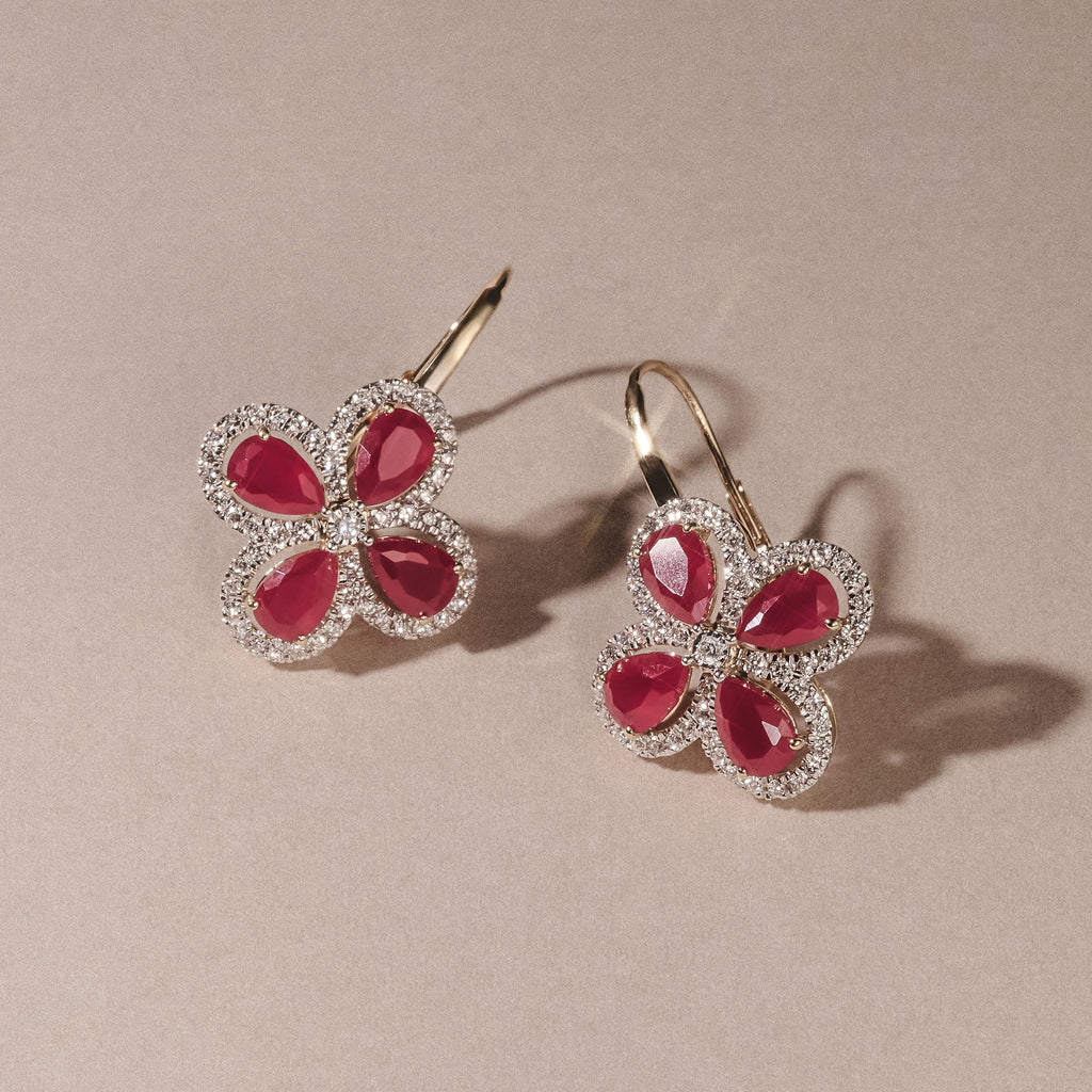 Bloom 4.75ct Lab Ruby and Lab Diamond Earrings in 18K Yellow Gold