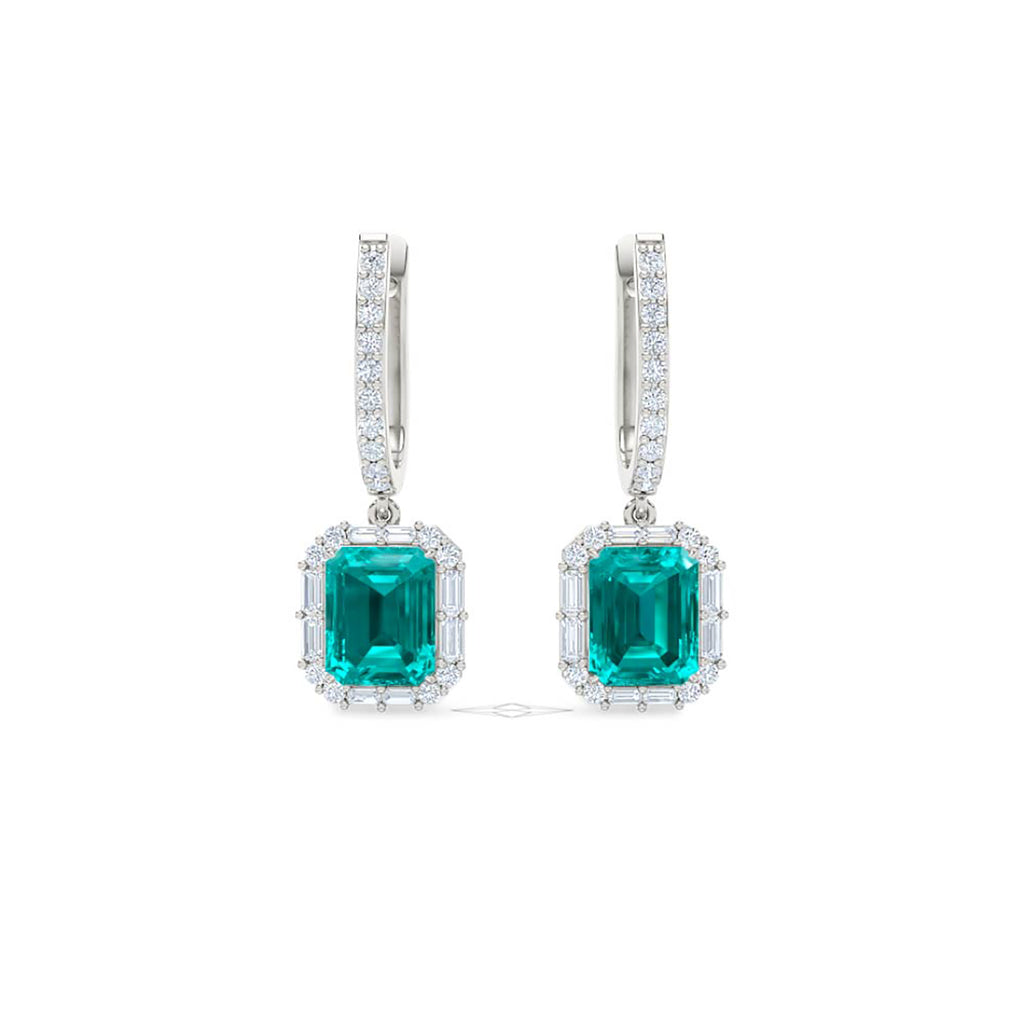 8.00ct Emerald Cut Lab Paraíba Halo Drop Earrings in 14K White Gold