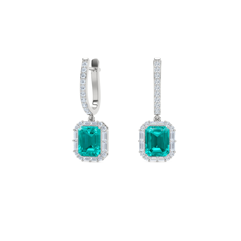 8.00ct Emerald Cut Lab Paraíba YAG Halo Drop Earrings in 14K White Gold