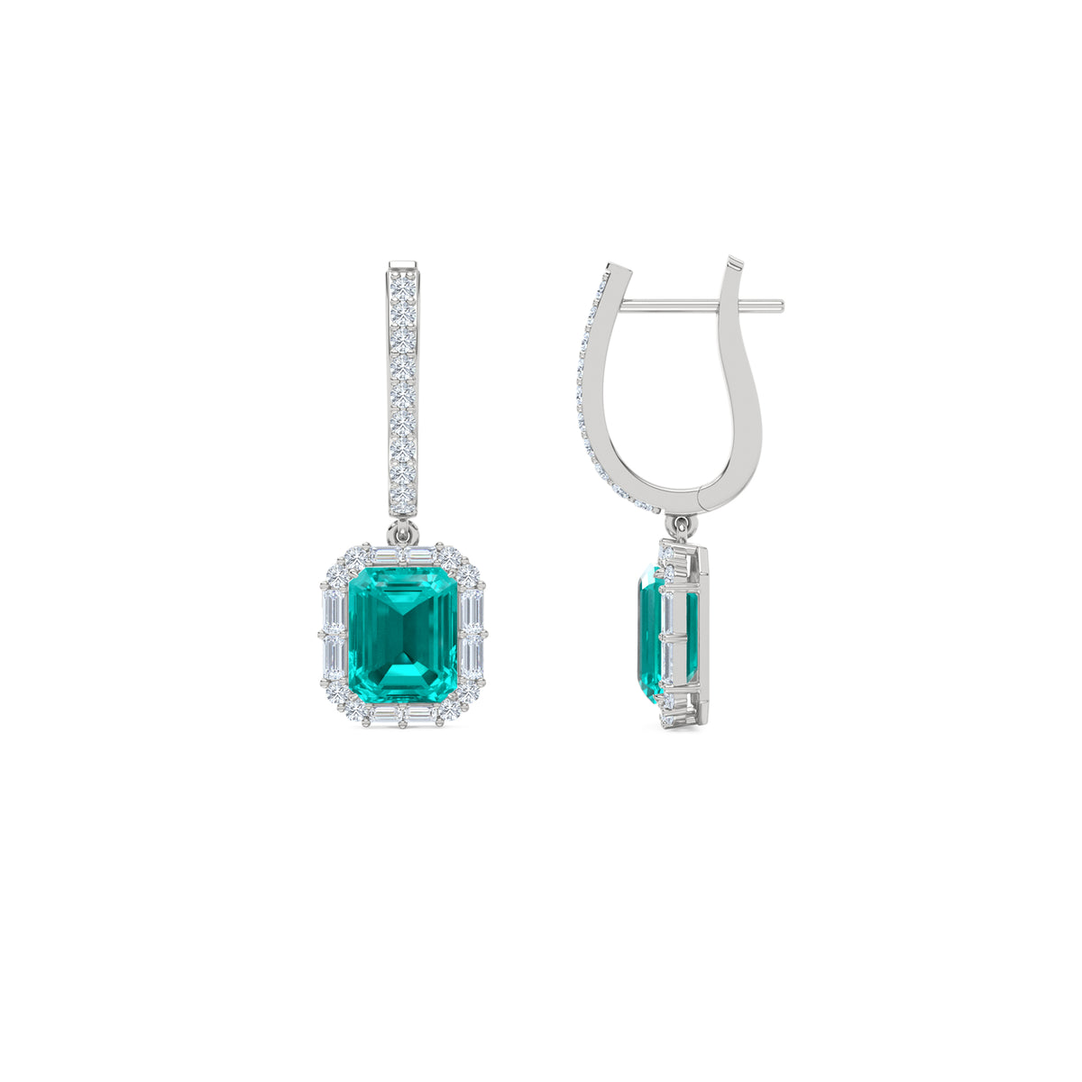 8.00ct Emerald Cut Lab Paraíba YAG Halo Drop Earrings in 14K White Gold