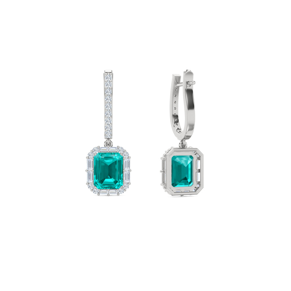 8.00ct Emerald Cut Lab Paraíba YAG Halo Drop Earrings in 14K White Gold
