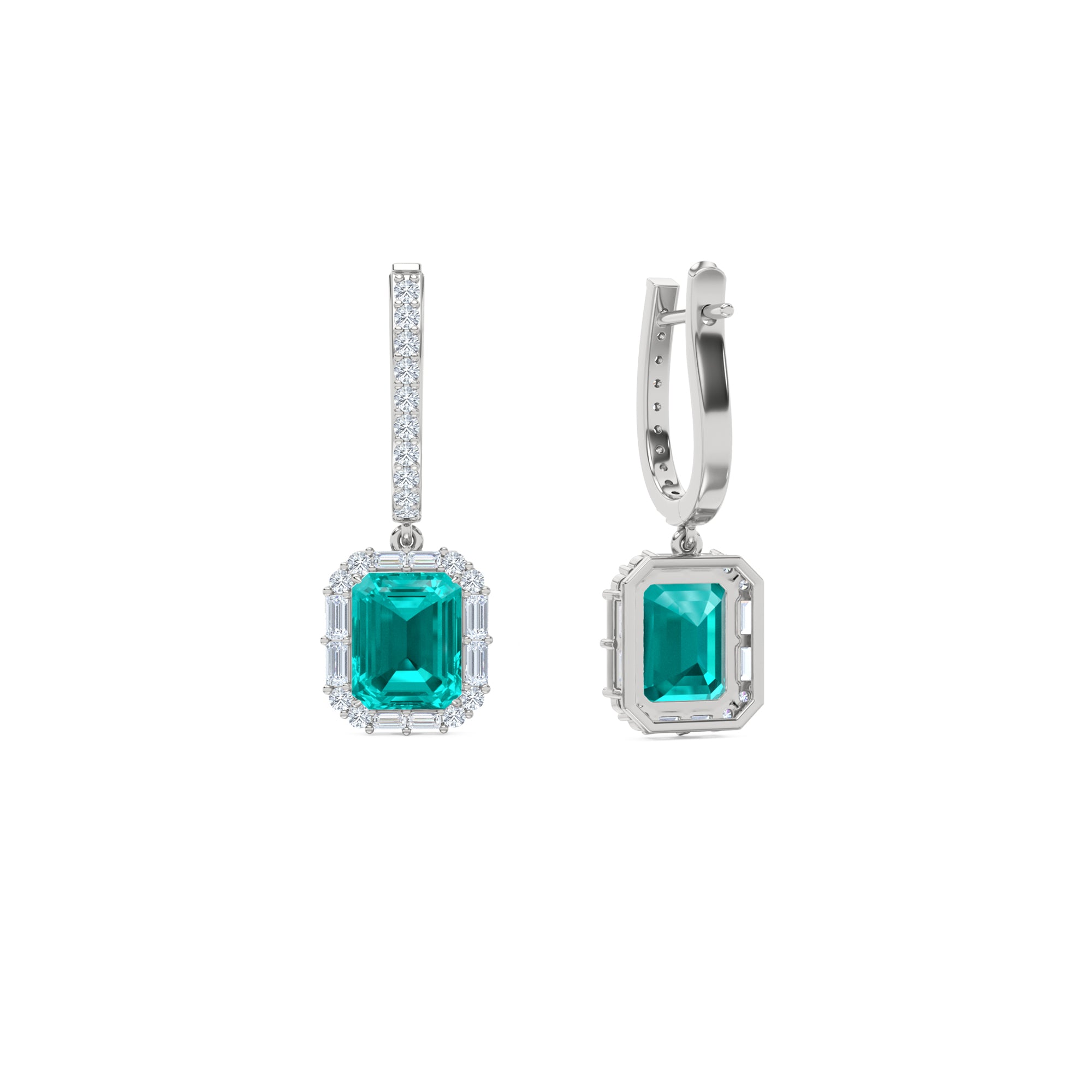 8.00ct Emerald Cut Lab Paraíba YAG Halo Drop Earrings in 14K White Gold