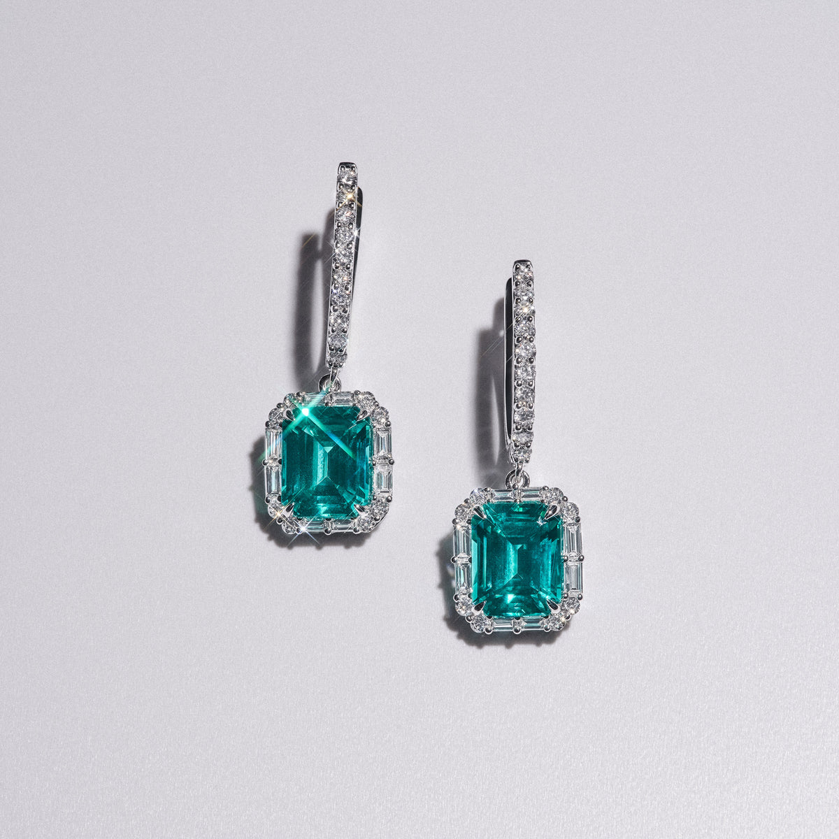 8.00ct Emerald Cut Lab Paraíba YAG Halo Drop Earrings in 14K White Gold