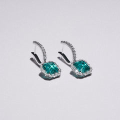 8.00ct Emerald Cut Lab Paraíba YAG Halo Drop Earrings in 14K White Gold