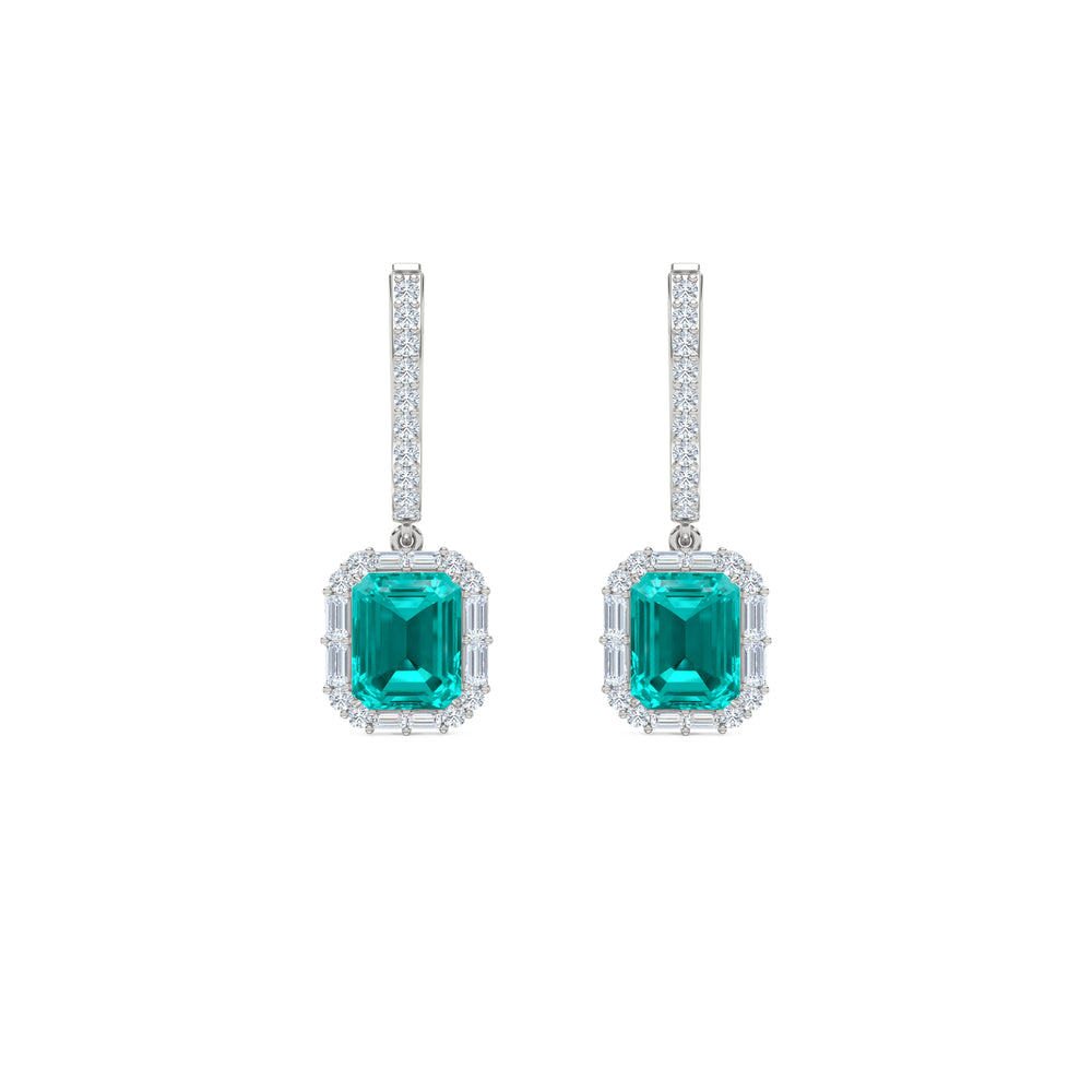 8.00ct Emerald Cut Lab Paraíba YAG Halo Drop Earrings in 14K White Gold