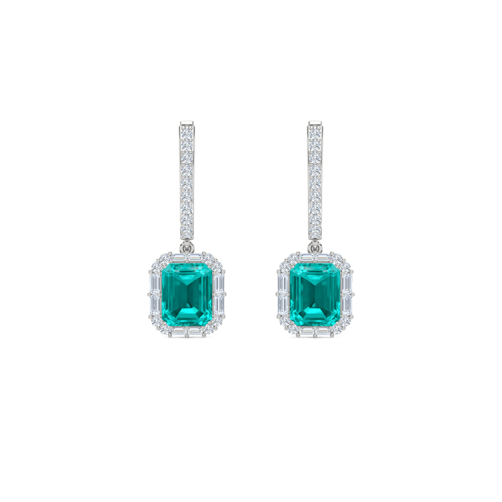 8.00ct Emerald Cut Lab Paraíba YAG Halo Drop Earrings in 14K White Gold