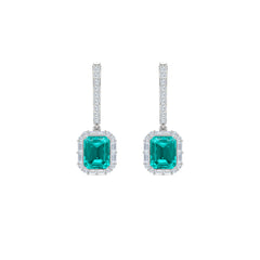 8.00ct Emerald Cut Lab Paraíba YAG Halo Drop Earrings in 14K White Gold