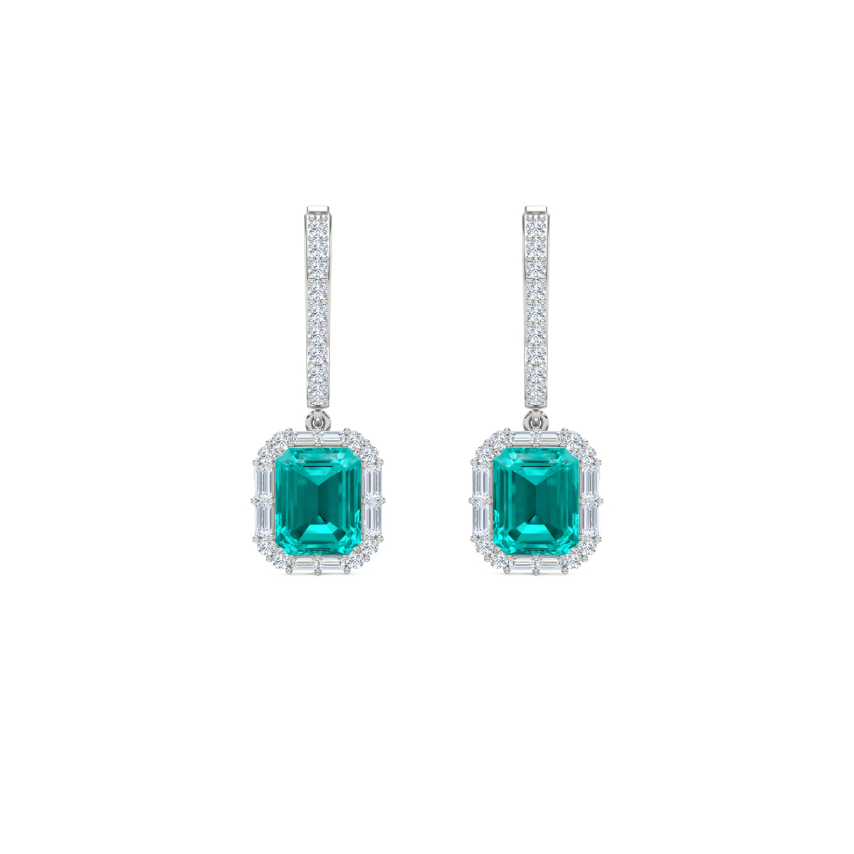 8.00ct Emerald Cut Lab Paraíba YAG Halo Drop Earrings in 14K White Gold