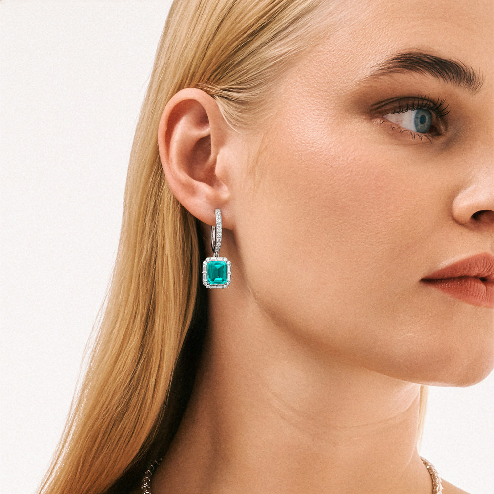 8.00ct Emerald Cut Lab Paraíba YAG Halo Drop Earrings in 14K White Gold