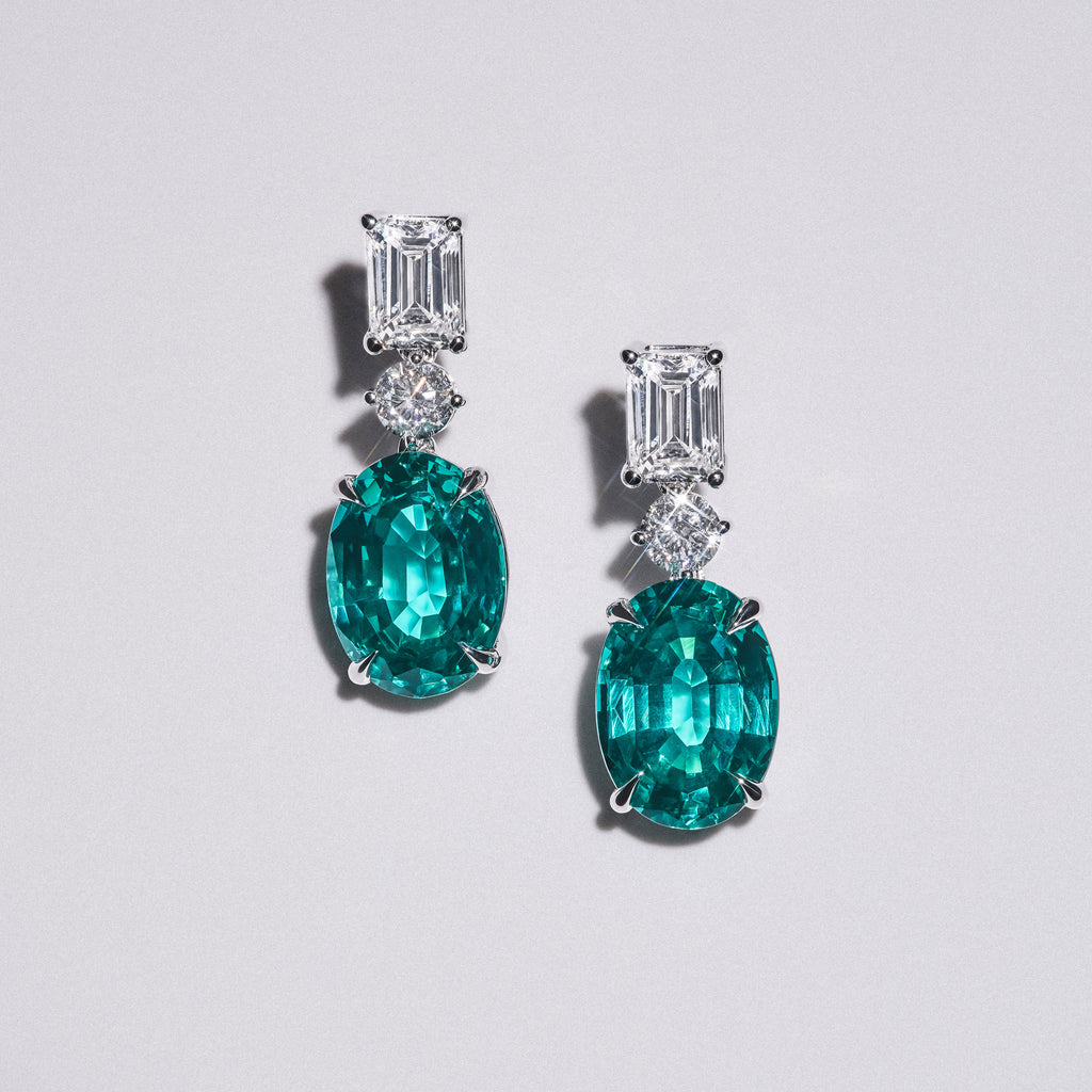 10.00ct Oval Cut Lab Paraíba YAG Drop Earrings in 14K White Gold