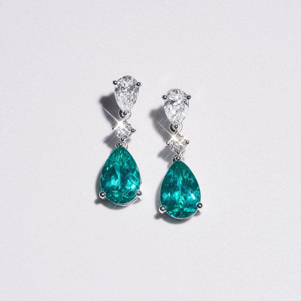 9.00ct Pear Cut Lab Paraíba YAG Drop Earrings in 14K White Gold
