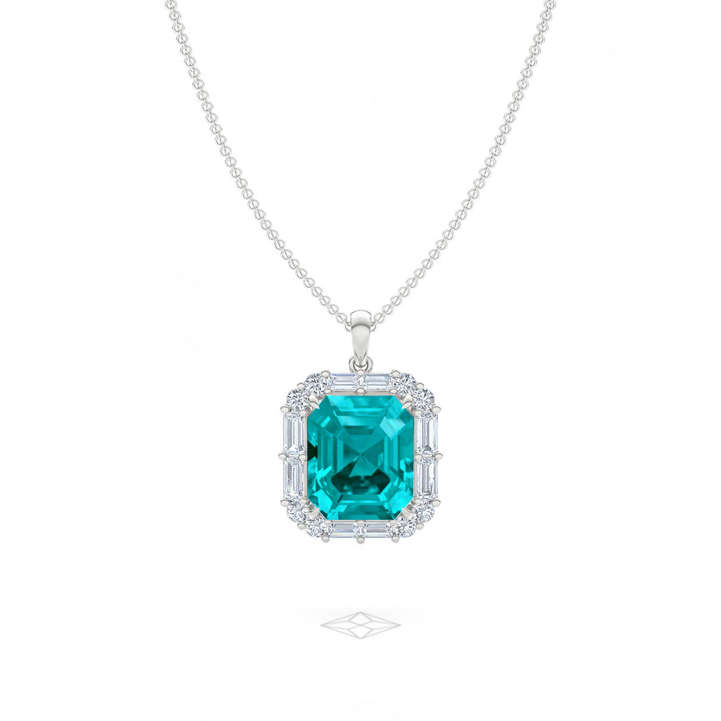 7.00ct Emerald Cut Lab Paraíba Halo Pendant Necklace in 14K White Gold