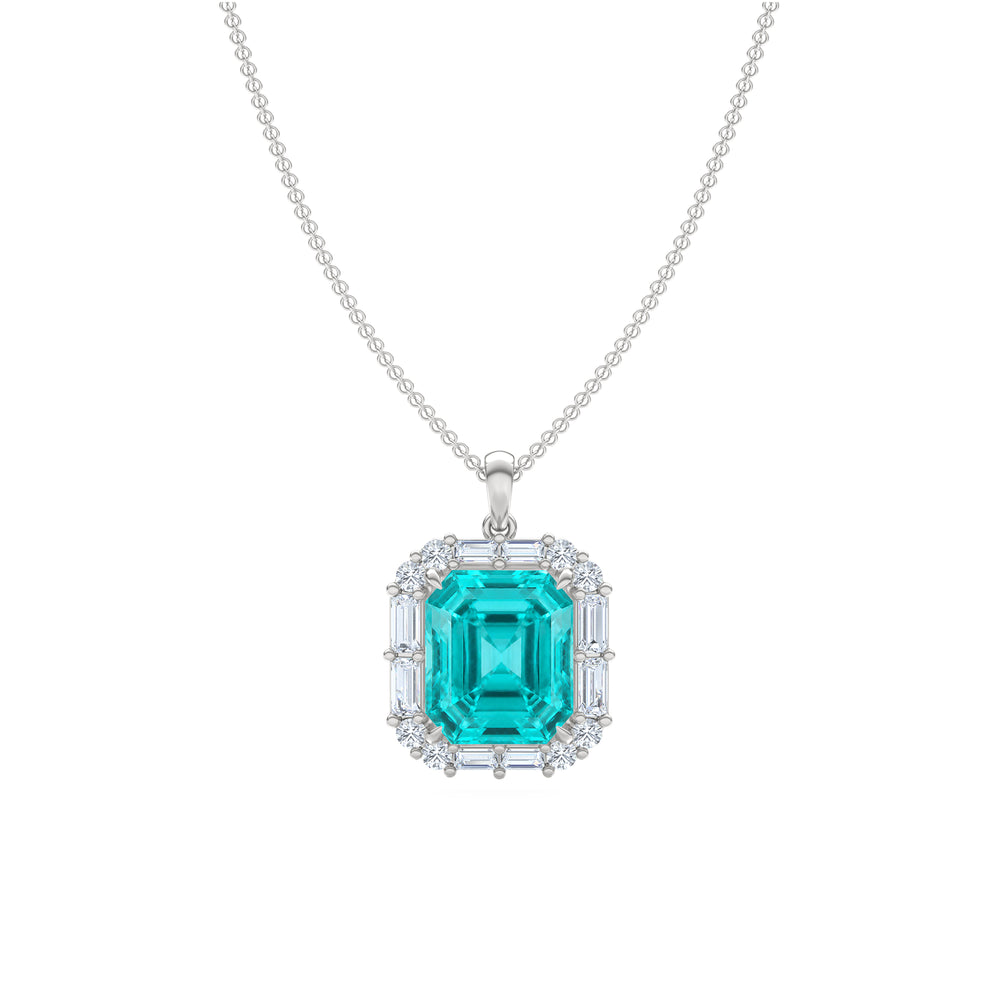 7.00ct Emerald Cut Lab Paraíba YAG Halo Pendant Necklace in 14K White Gold