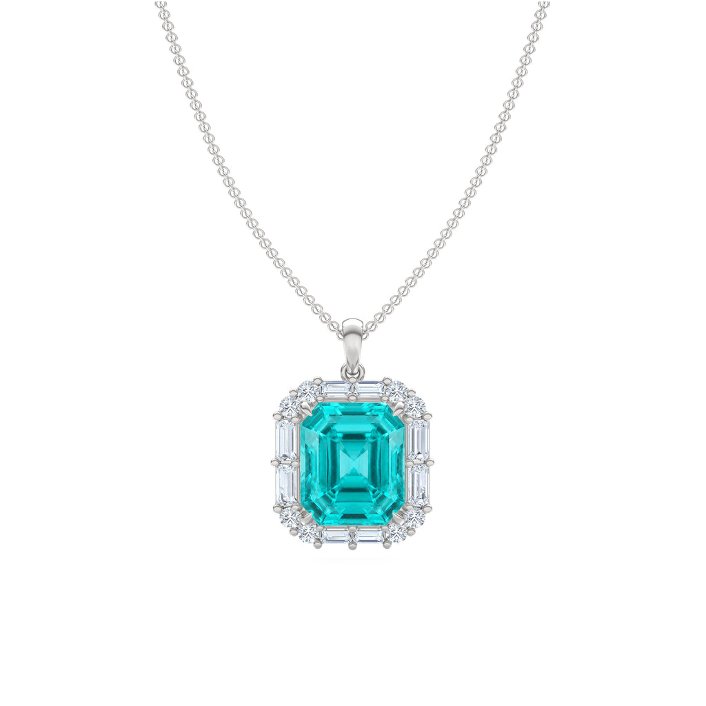 7.00ct Emerald Cut Lab Paraíba YAG Halo Pendant Necklace in 14K White Gold