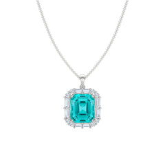 7.00ct Emerald Cut Lab Paraíba YAG Halo Pendant Necklace in 14K White Gold