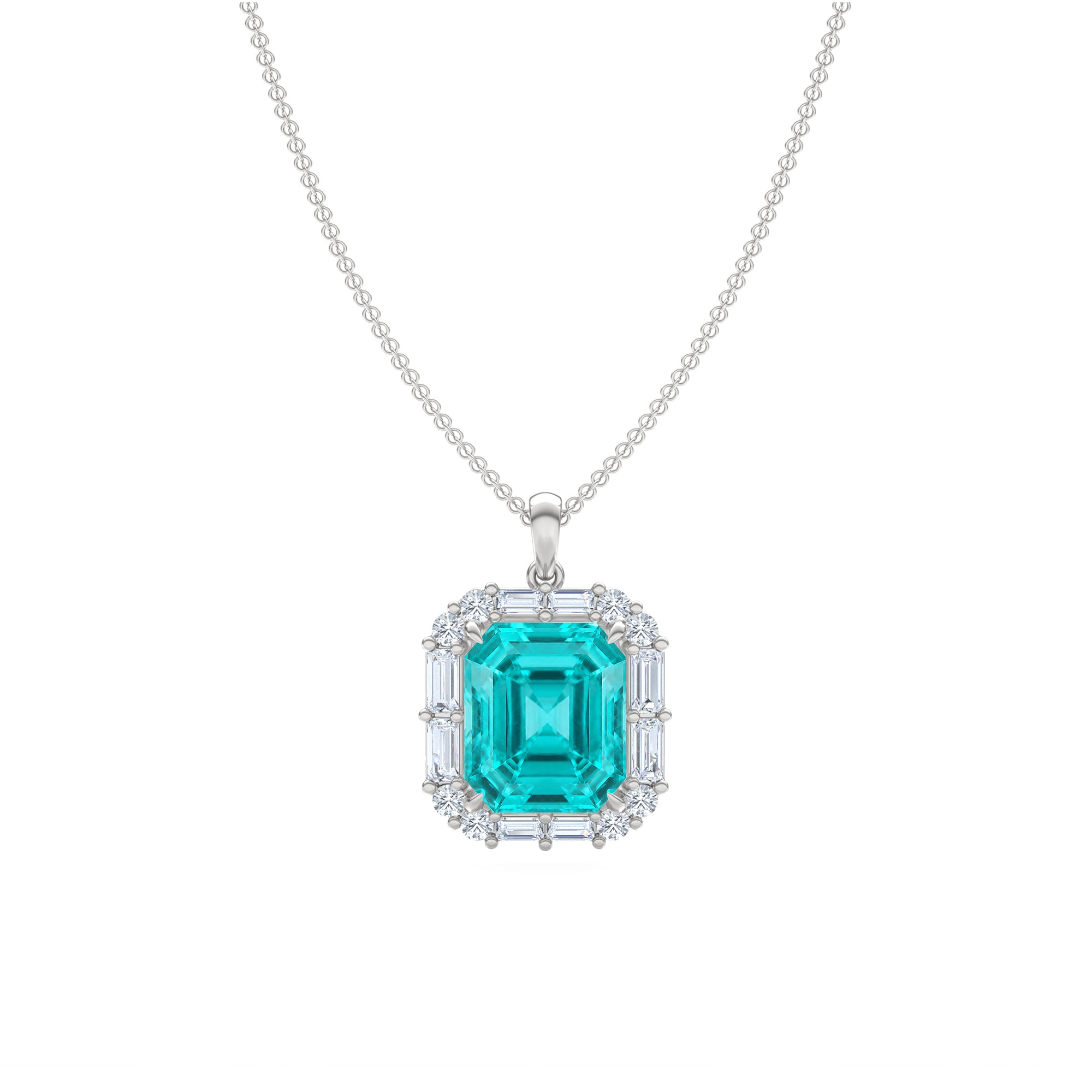7.00ct Emerald Cut Lab Paraíba YAG Halo Pendant Necklace in 14K White Gold