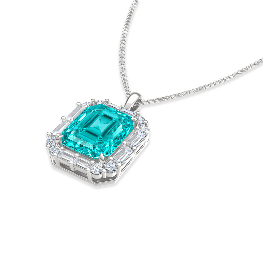 7.00ct Emerald Cut Lab Paraíba YAG Halo Pendant Necklace in 14K White Gold