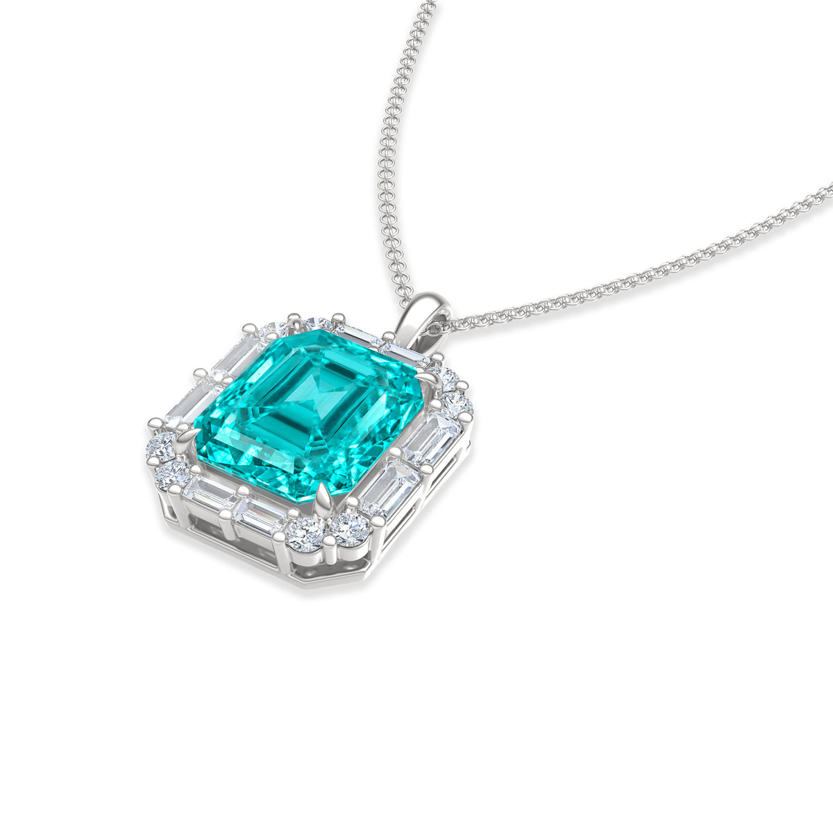 7.00ct Emerald Cut Lab Paraíba YAG Halo Pendant Necklace in 14K White Gold