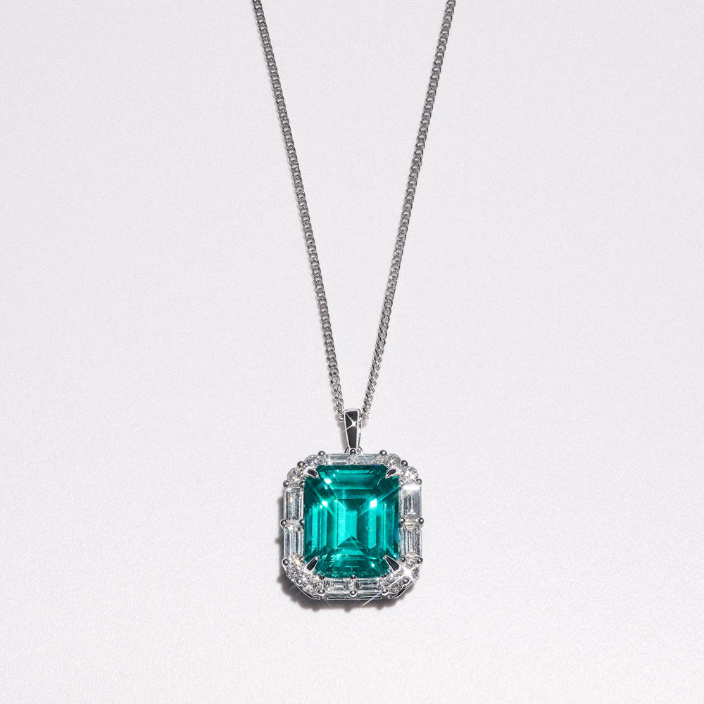 7.00ct Emerald Cut Lab Paraíba YAG Halo Pendant Necklace in 14K White Gold