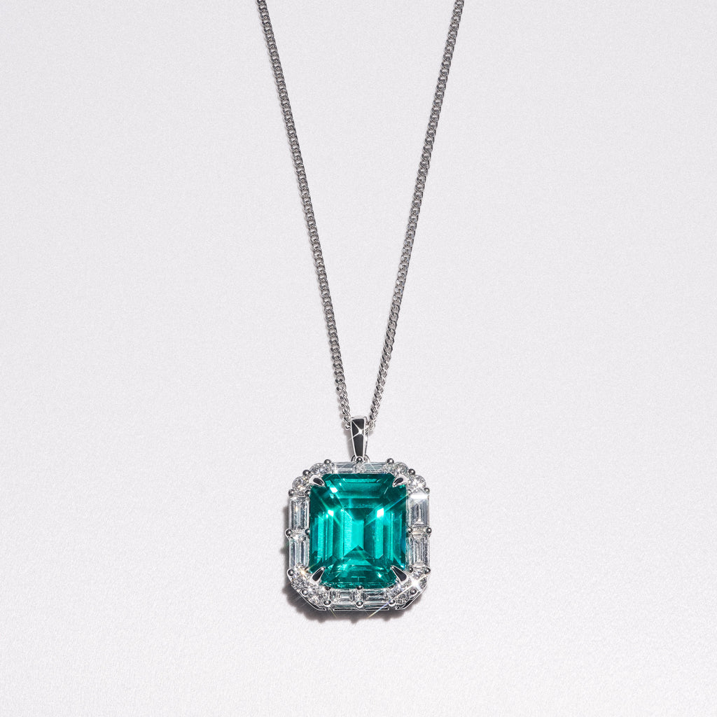 7.00ct Emerald Cut Lab Paraíba YAG Halo Pendant Necklace in 14K White Gold