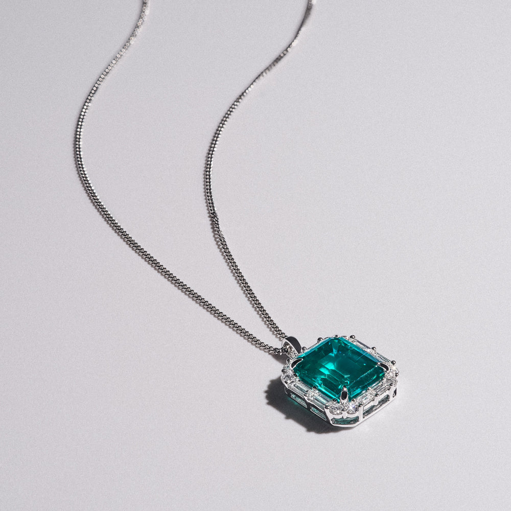 7.00ct Emerald Cut Lab Paraíba YAG Halo Pendant Necklace in 14K White Gold