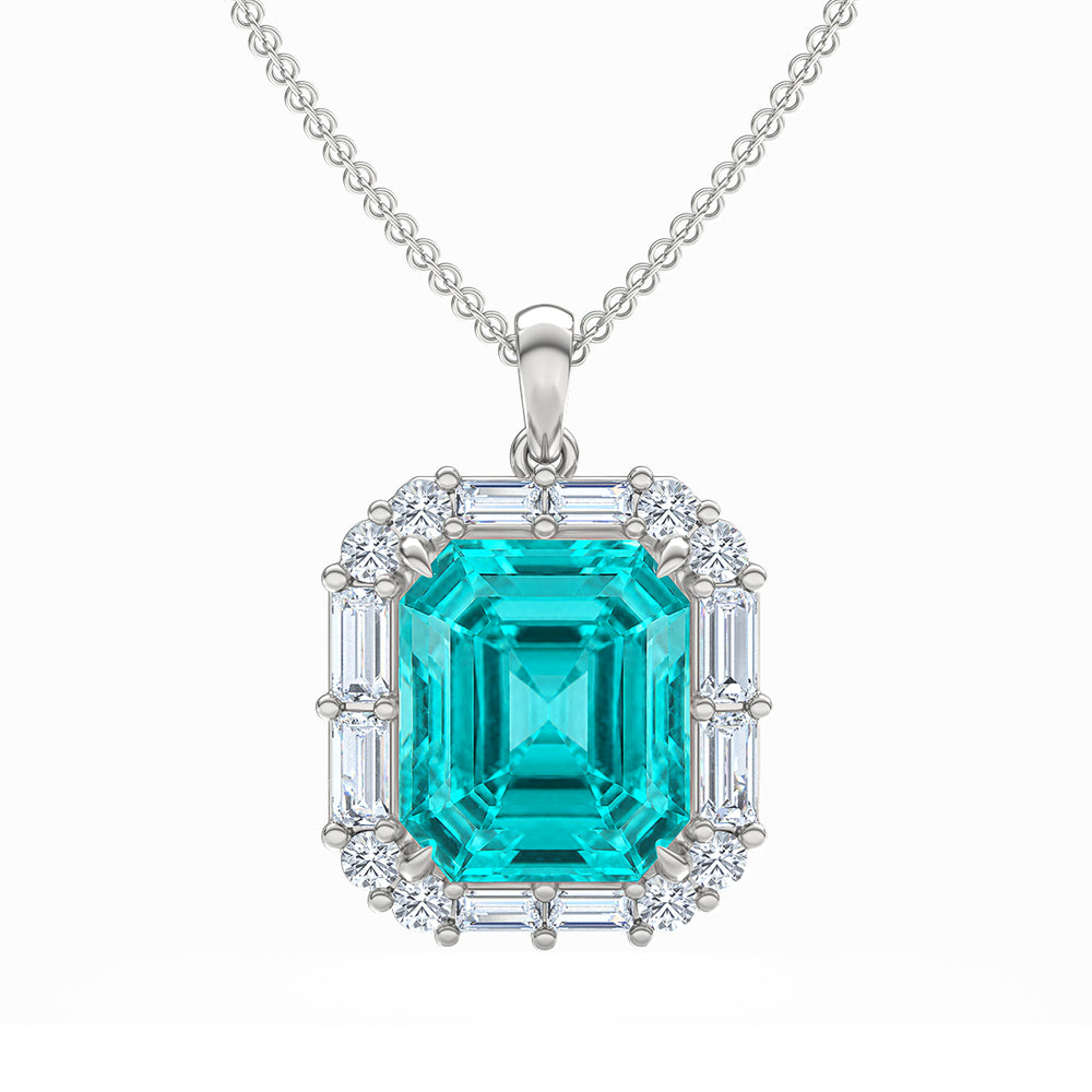 7.00ct Emerald Cut Lab Paraíba YAG Halo Pendant Necklace in 14K White Gold