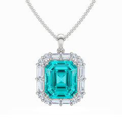 7.00ct Emerald Cut Lab Paraíba YAG Halo Pendant Necklace in 14K White Gold