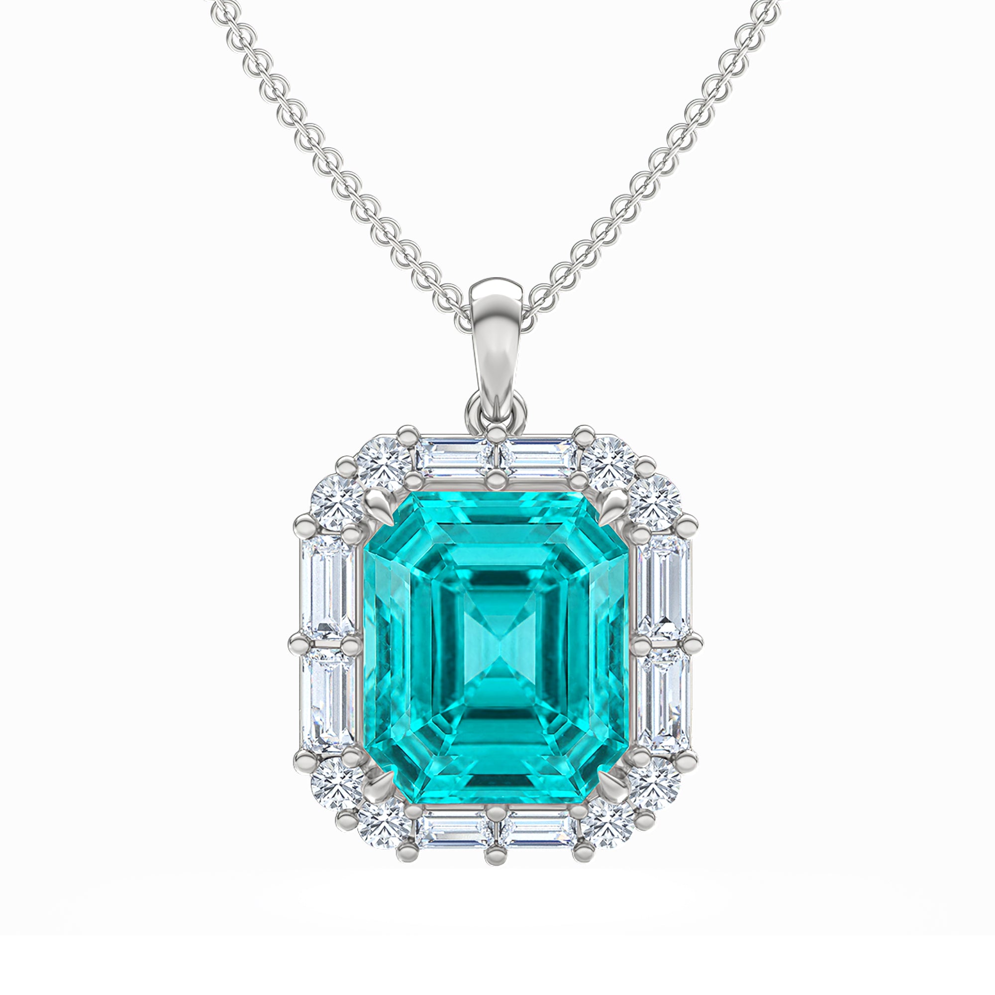 7.00ct Emerald Cut Lab Paraíba YAG Halo Pendant Necklace in 14K White Gold