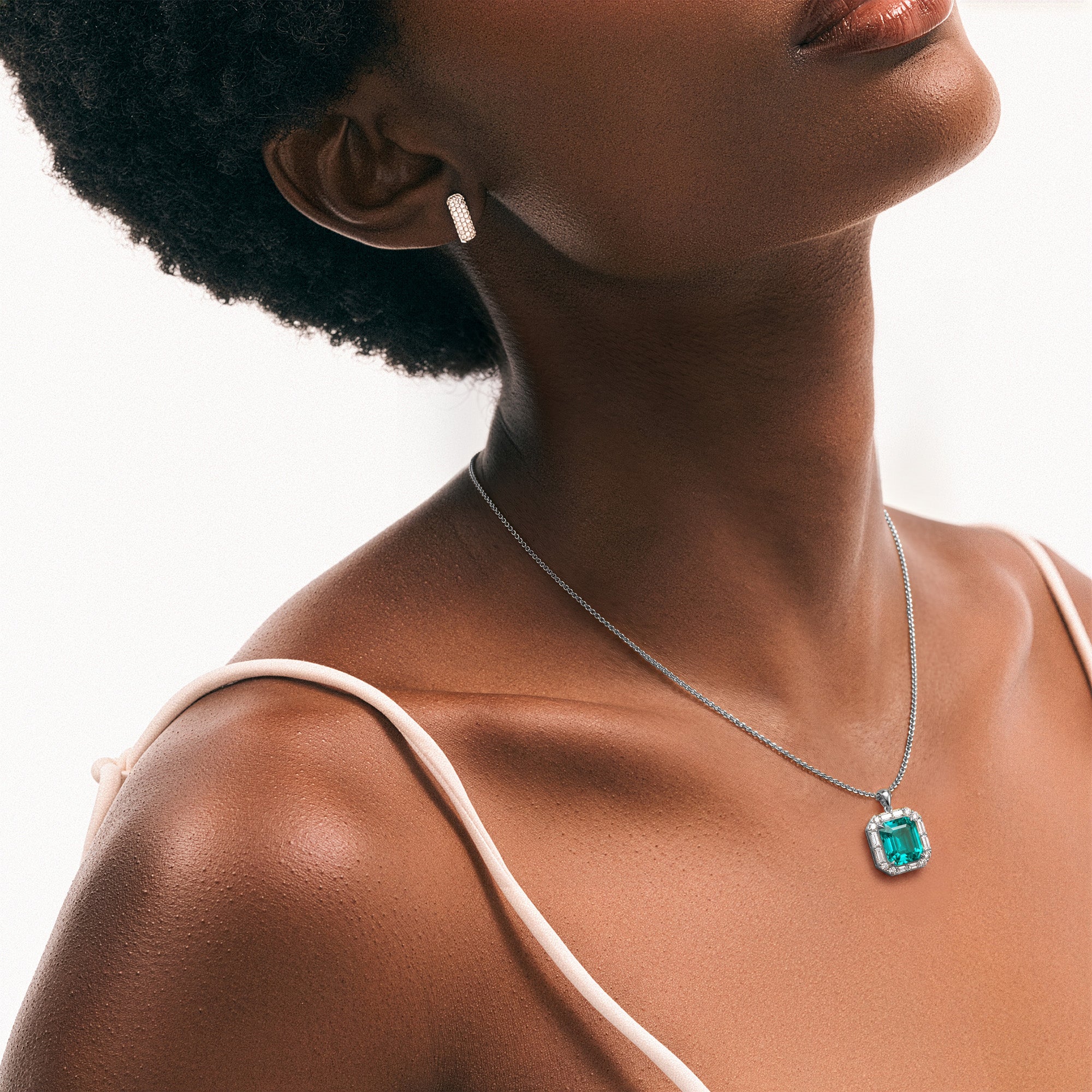 7.00ct Emerald Cut Lab Paraíba YAG Halo Pendant Necklace in 14K White Gold