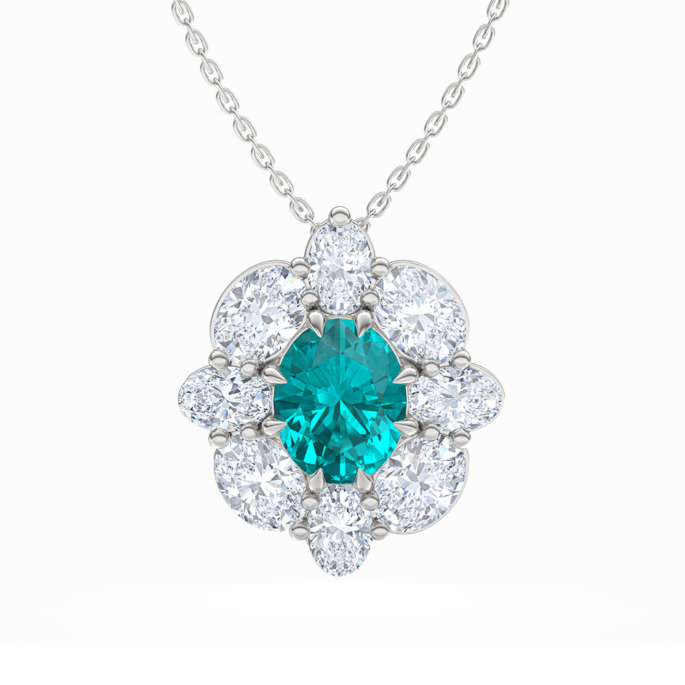 3.20ct Oval Cut Lab Paraíba YAG Halo Pendant Necklace in 14K White Gold