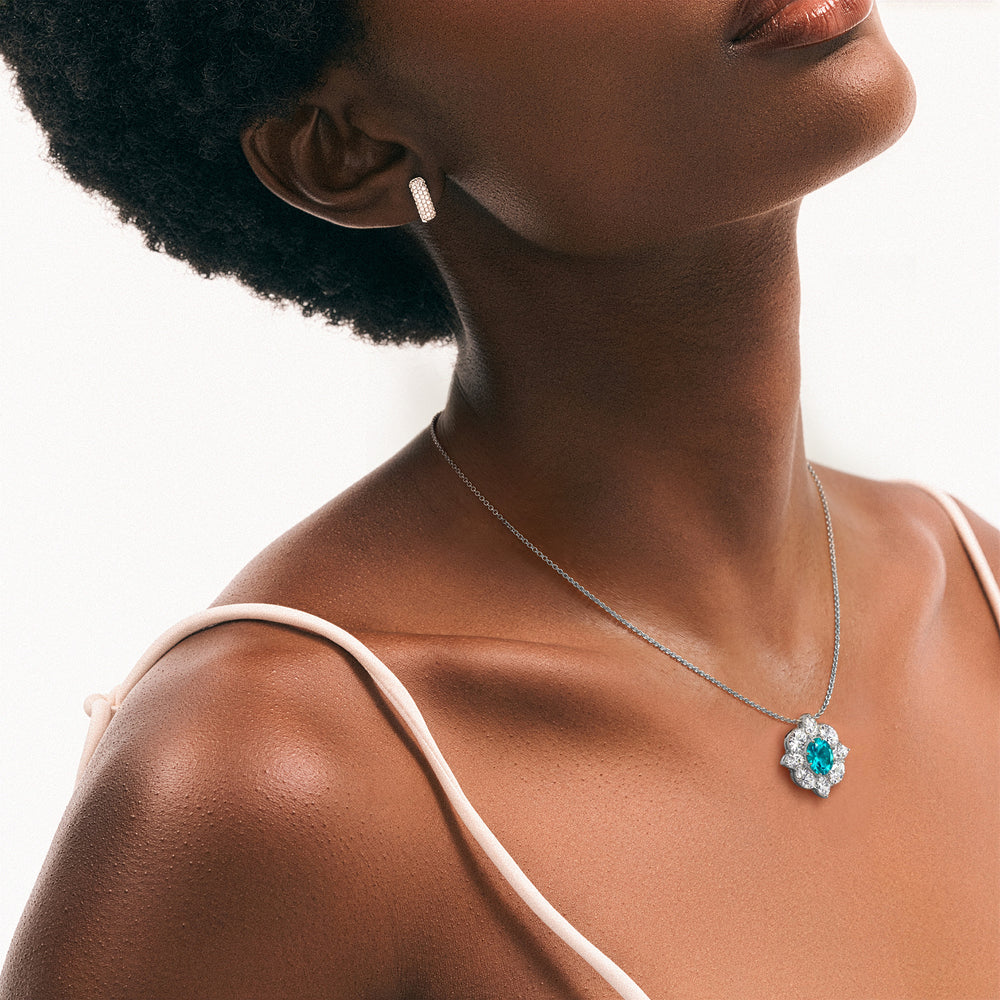 3.20ct Oval Cut Lab Paraíba YAG Halo Pendant Necklace in 14K White Gold