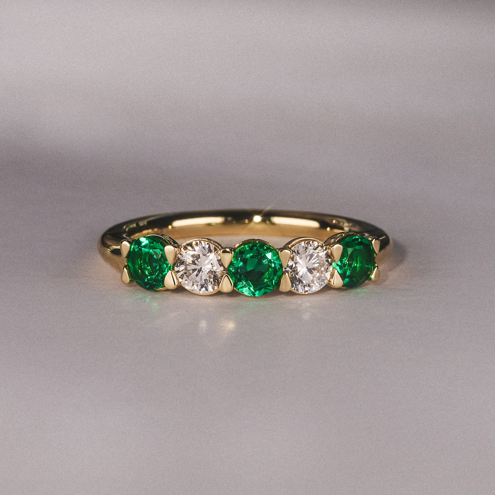 Solene 0.75ct Round Cut Lab Emerald and Lab Diamond Half Eternity Ring in 18K Yellow Gold