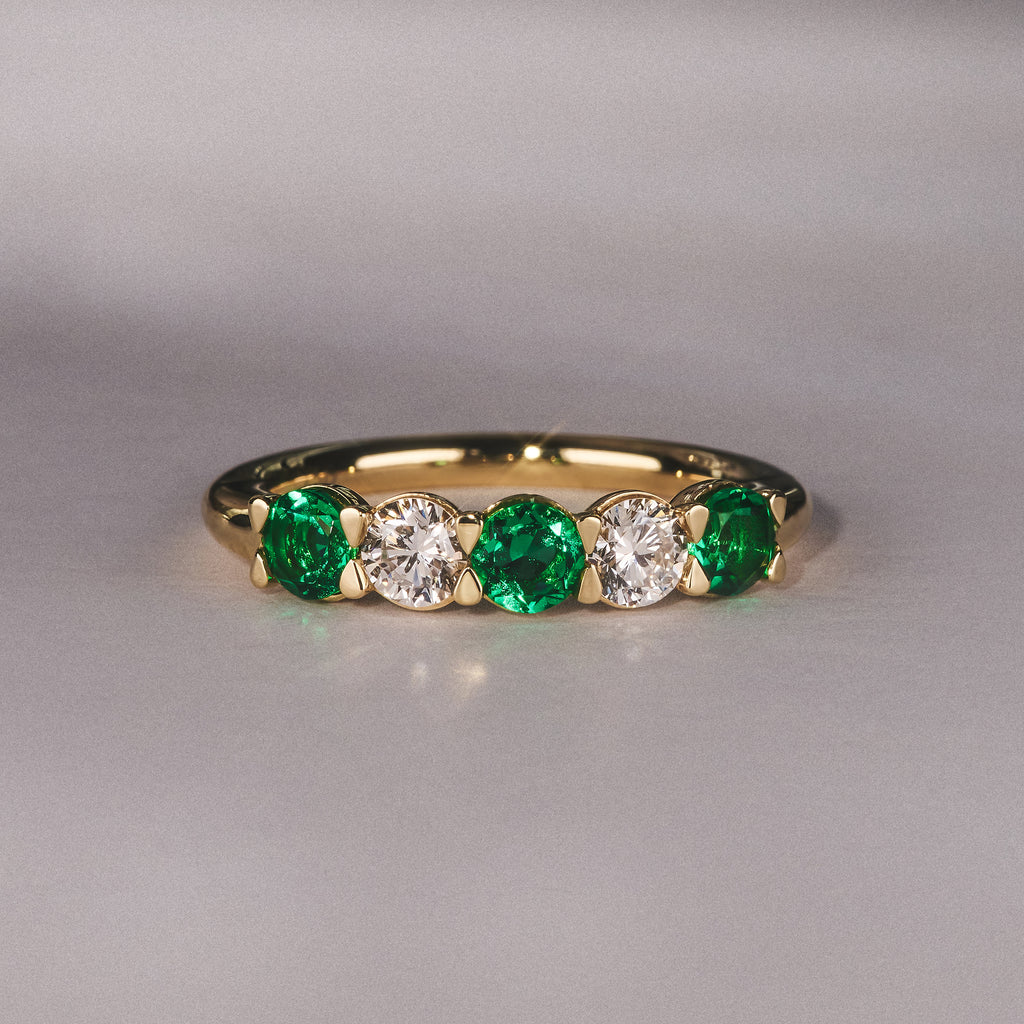 Solene 0.75ct Round Cut Lab Emerald and Lab Diamond Half Eternity Ring in 18K Yellow Gold