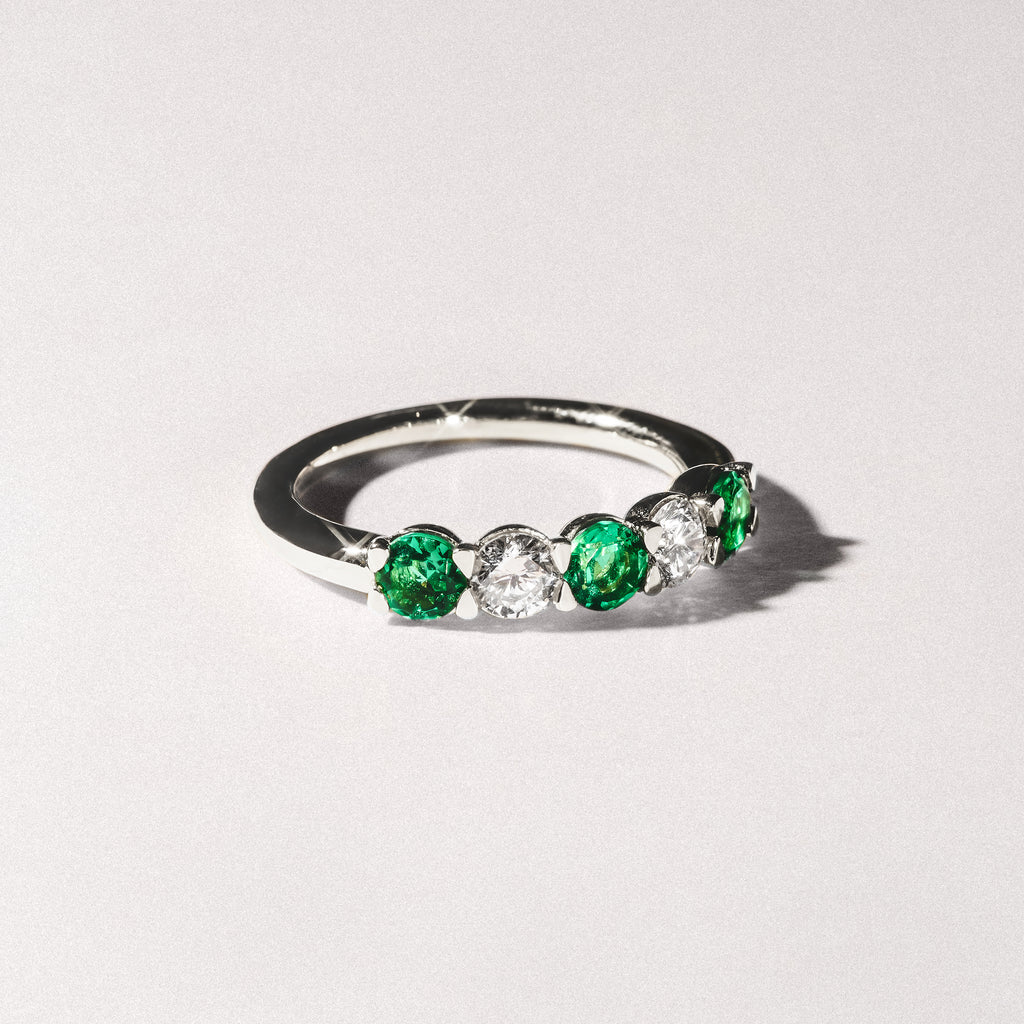 Solene 0.75ct Round Cut Lab Emerald and  Lab Diamond Half Eternity Ring in 18K White Gold