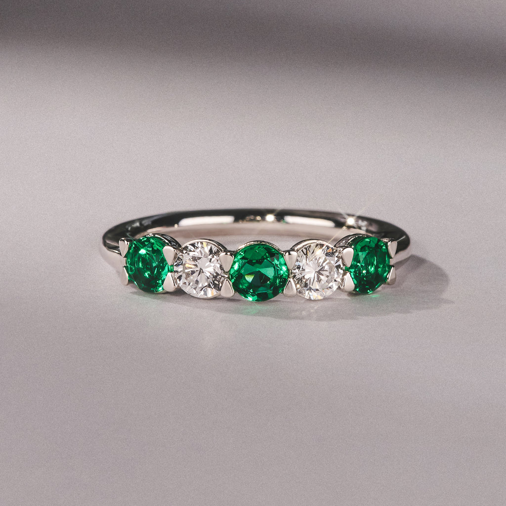 Solene 0.75ct Round Cut Lab Emerald and  Lab Diamond Half Eternity Ring in 18K White Gold