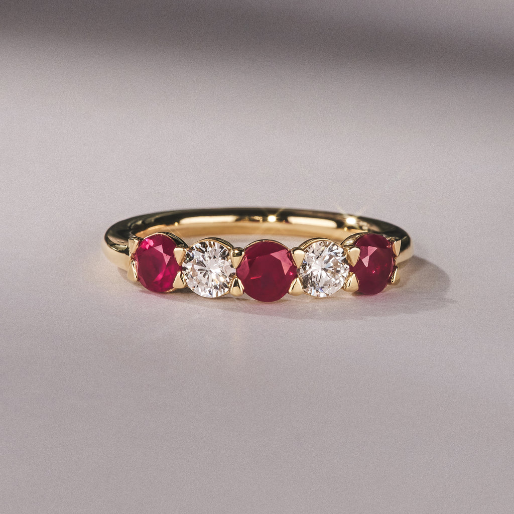 Solene 0.75ct Round Cut Lab Ruby and Lab Diamond Half Eternity Ring in 18K Yellow Gold