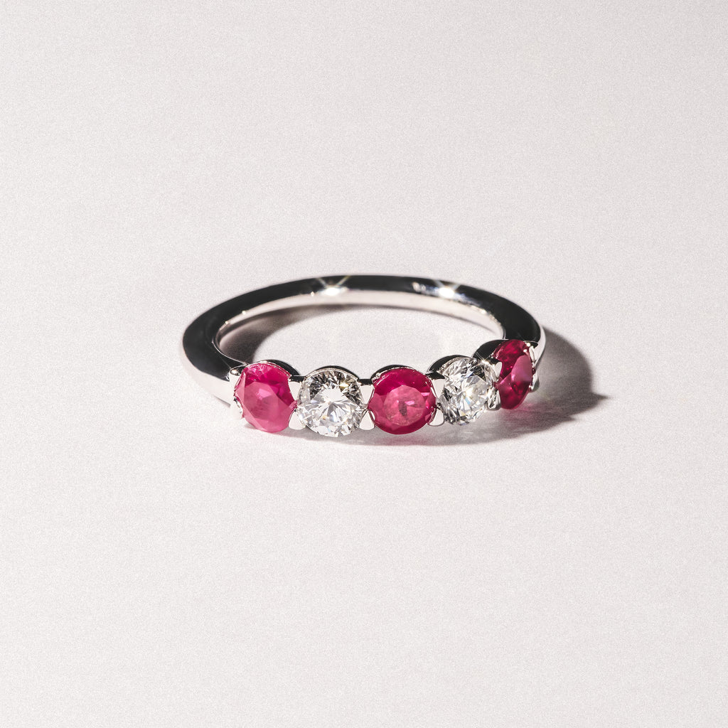 Solene 0.75ct Round Cut Lab Ruby and Lab Diamond Half Eternity Ring in 18K White Gold