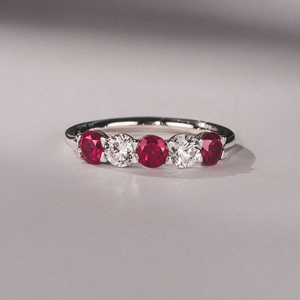 Solene 0.75ct Round Cut Lab Ruby and Lab Diamond Half Eternity Ring in 18K White Gold