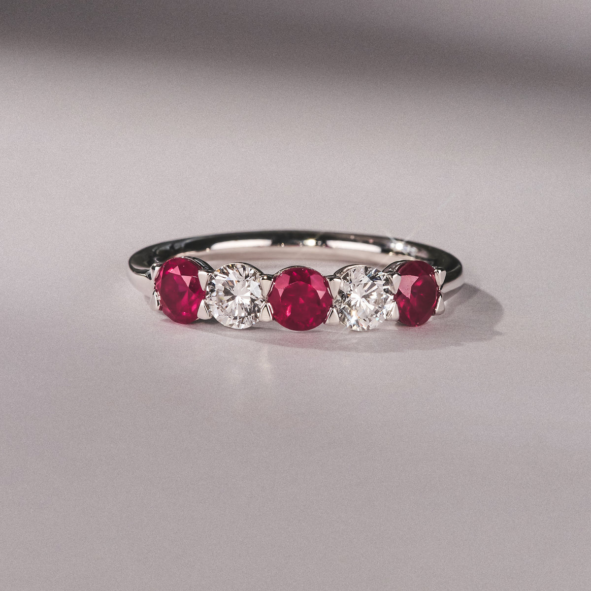 Solene 0.75ct Round Cut Lab Ruby and Lab Diamond Half Eternity Ring in 18K White Gold