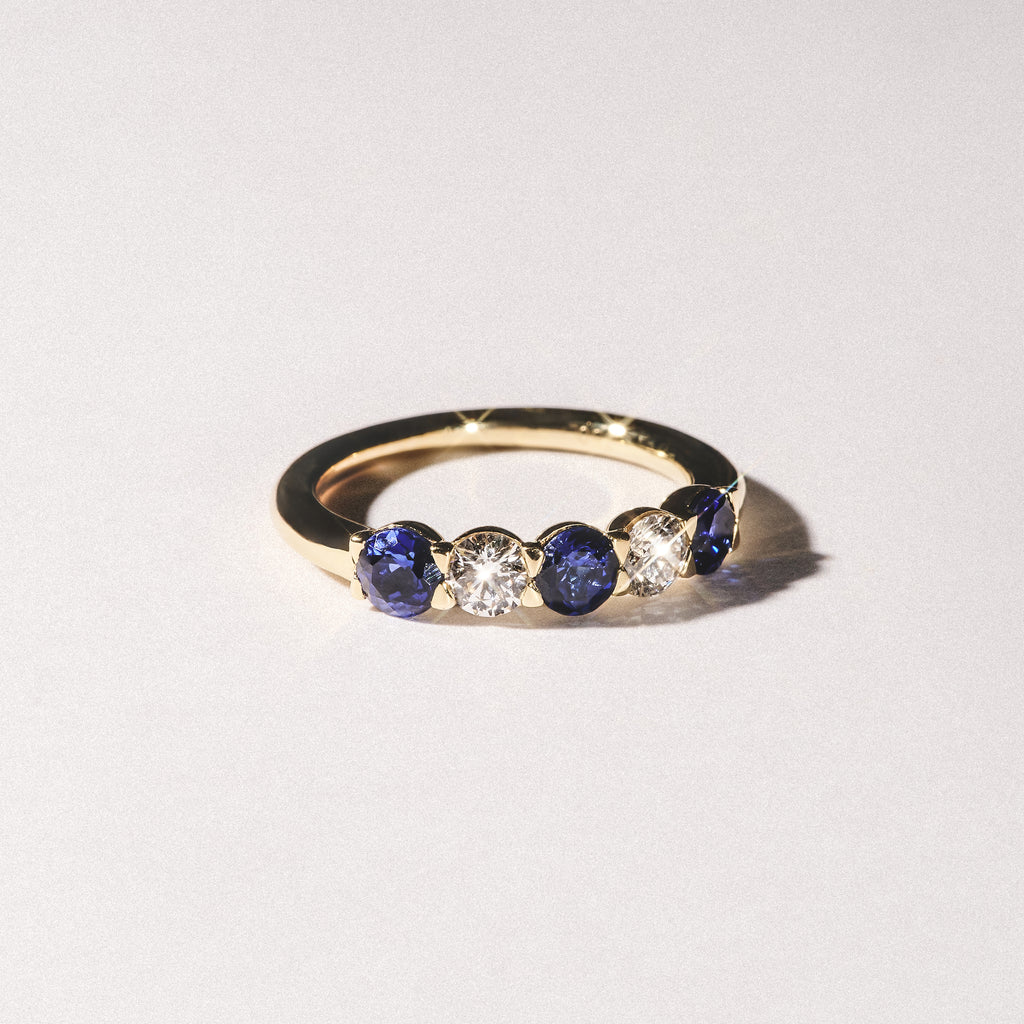 Solene 0.75ct Round Cut Lab Sapphire and Lab Diamond Half Eternity Ring in 18K Yellow Gold