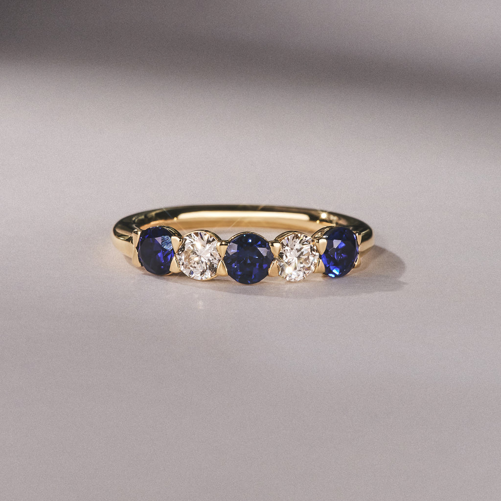 Solene 0.75ct Round Cut Lab Sapphire and Lab Diamond Half Eternity Ring in 18K Yellow Gold