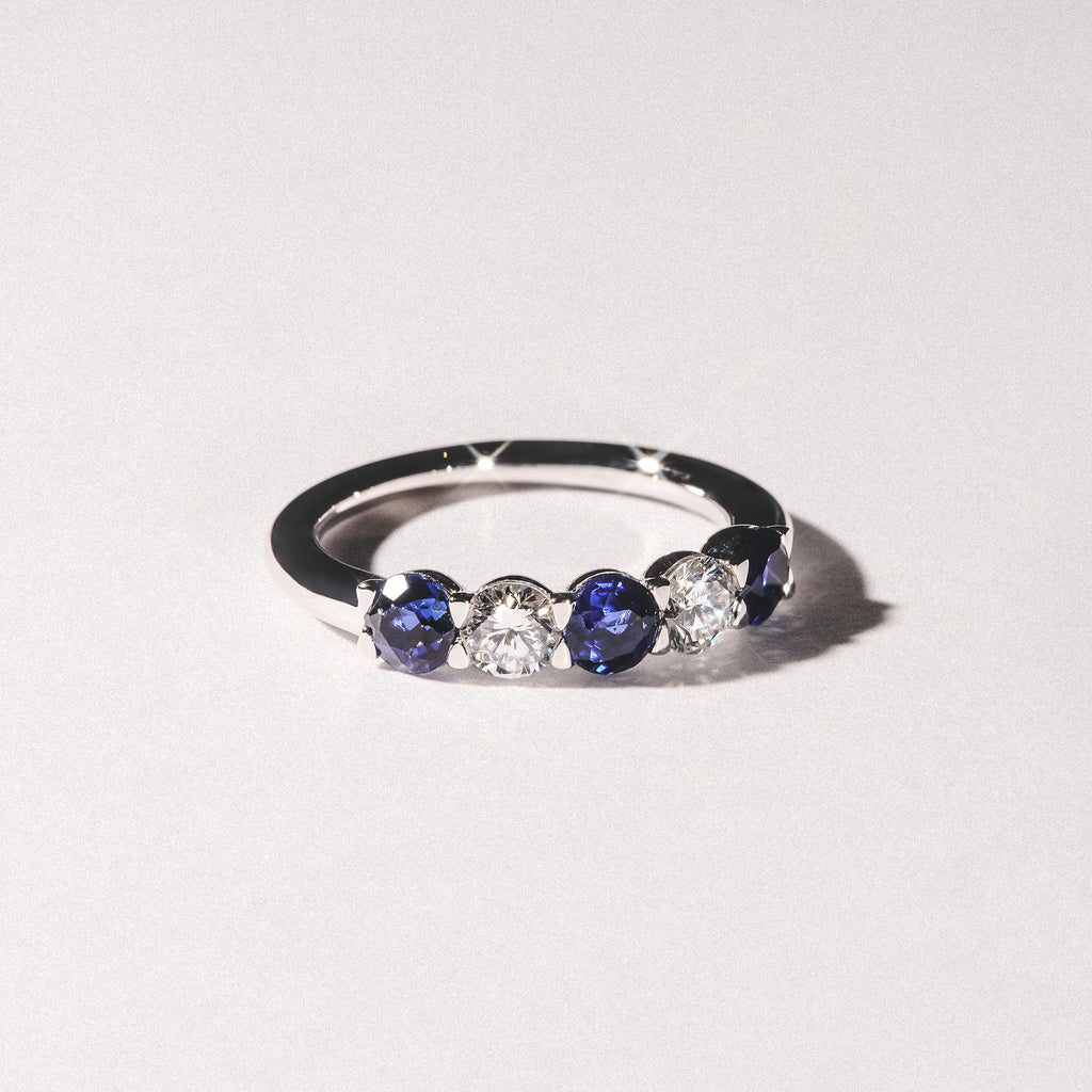 Solene 0.75ct Round Cut Lab Sapphire and Lab Diamond Half Eternity Ring in 18K White Gold