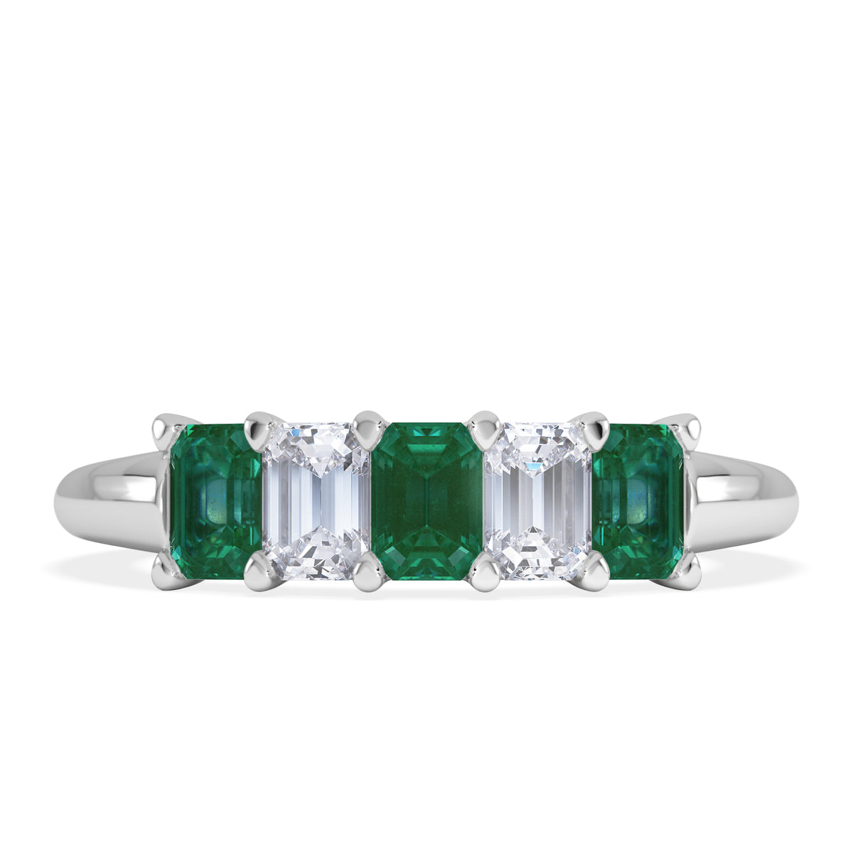 Solene 0.75ct Emerald Cut Lab Emerald and  Lab Diamond Half Eternity Ring in 18K White Gold