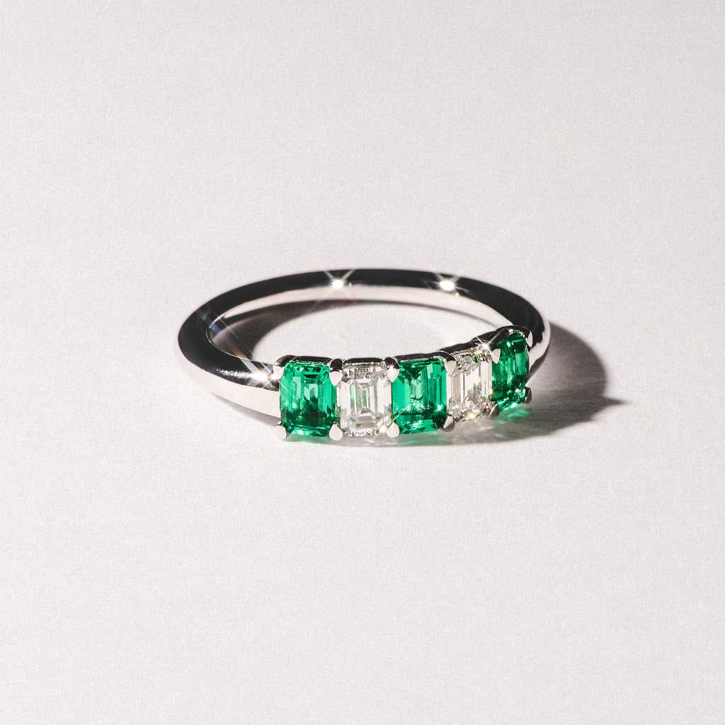 Solene 0.75ct Emerald Cut Lab Emerald and  Lab Diamond Half Eternity Ring in 18K White Gold