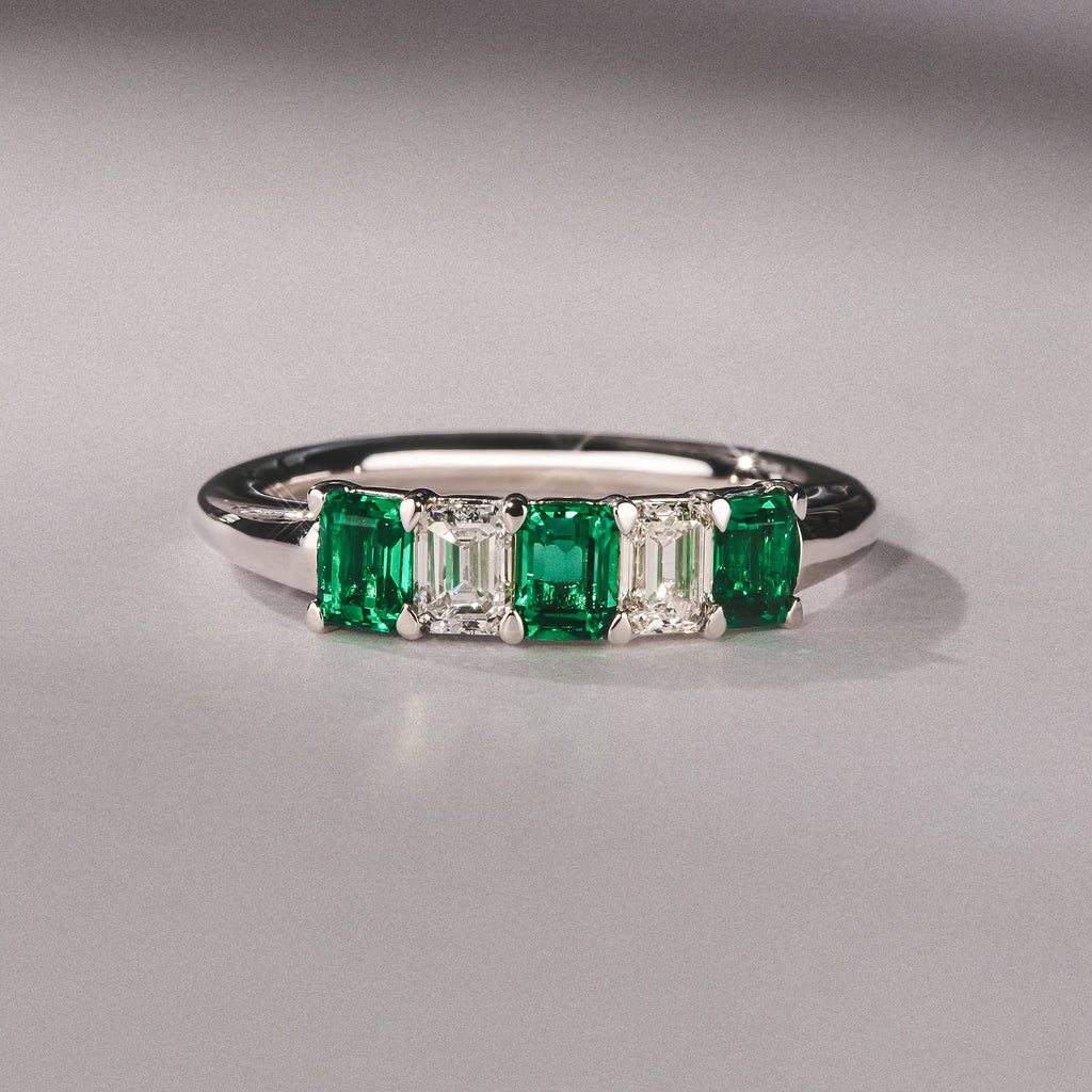 Solene 0.75ct Emerald Cut Lab Emerald and  Lab Diamond Half Eternity Ring in 18K White Gold