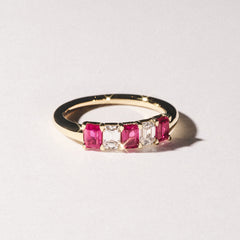 Solene 0.75ct Emerald Cut Lab Ruby and Lab Diamond Half Eternity Ring in 18K Yellow Gold