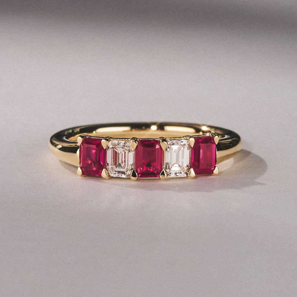 Solene 0.75ct Emerald Cut Lab Ruby and Lab Diamond Half Eternity Ring in 18K Yellow Gold