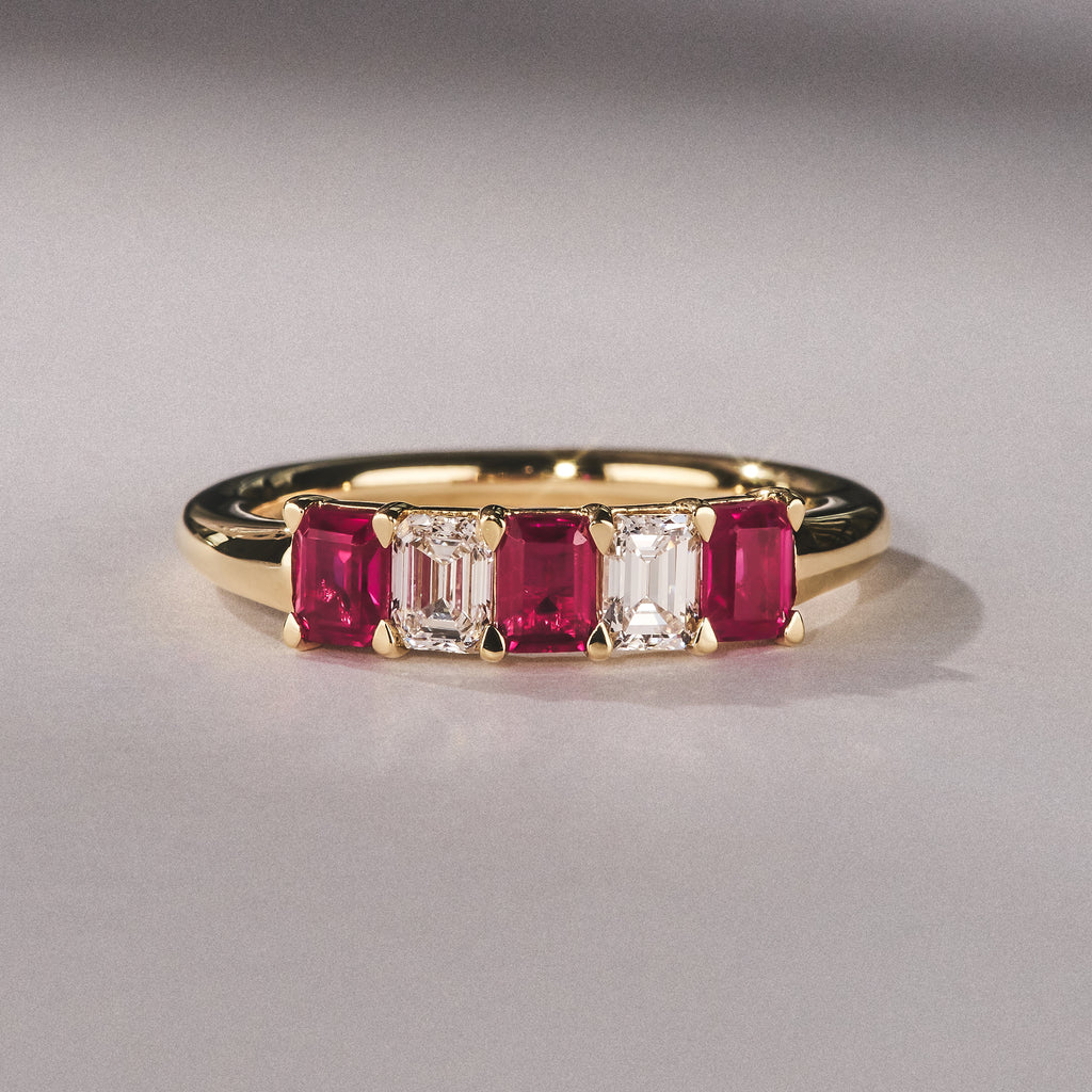 Solene 0.75ct Emerald Cut Lab Ruby and Lab Diamond Half Eternity Ring in 18K Yellow Gold