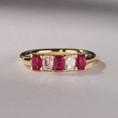 Solene 0.75ct Emerald Cut Lab Ruby and Lab Diamond Half Eternity Ring in 18K Yellow Gold