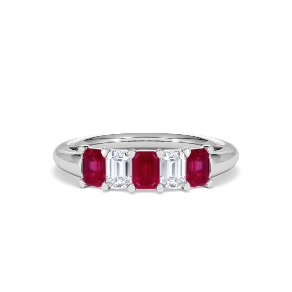 Solene 0.75ct Emerald Cut Lab Ruby and Lab Diamond Half Band Eternity Ring in 18K White Gold